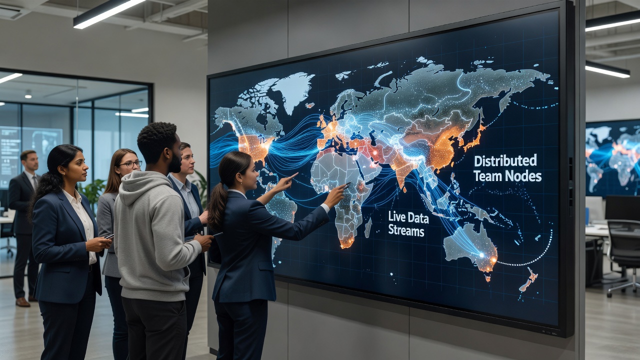 Distributed team members accessing real-time geospatial overlays during a coordination session on multiple devices