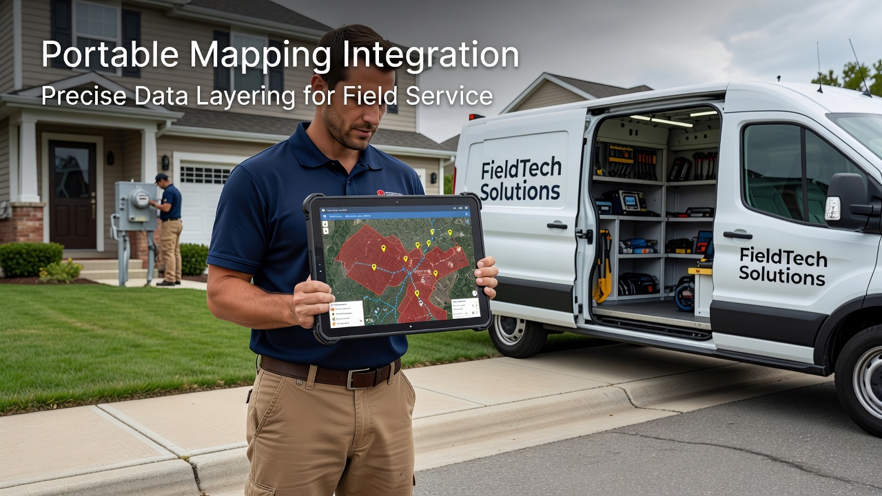 Distributed field service teams reviewing synchronized mapping data on mobile devices during a coordinated infrastructure project
