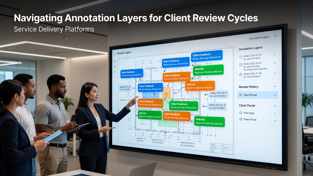 Team collaborating on layered annotations during a service platform review session